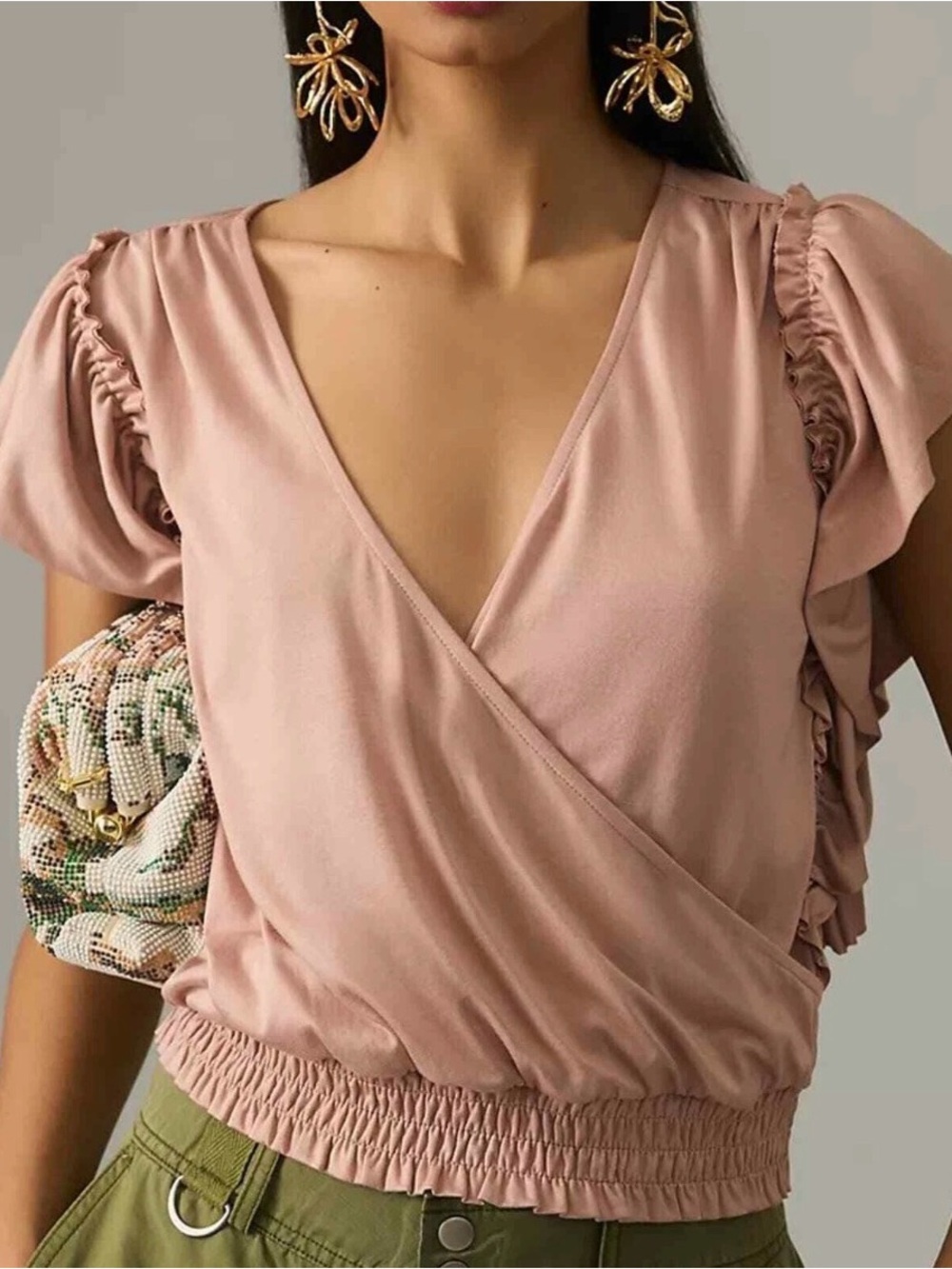 Anthropology Blush Pink Wrap-Front Ruffle Sleeve Top